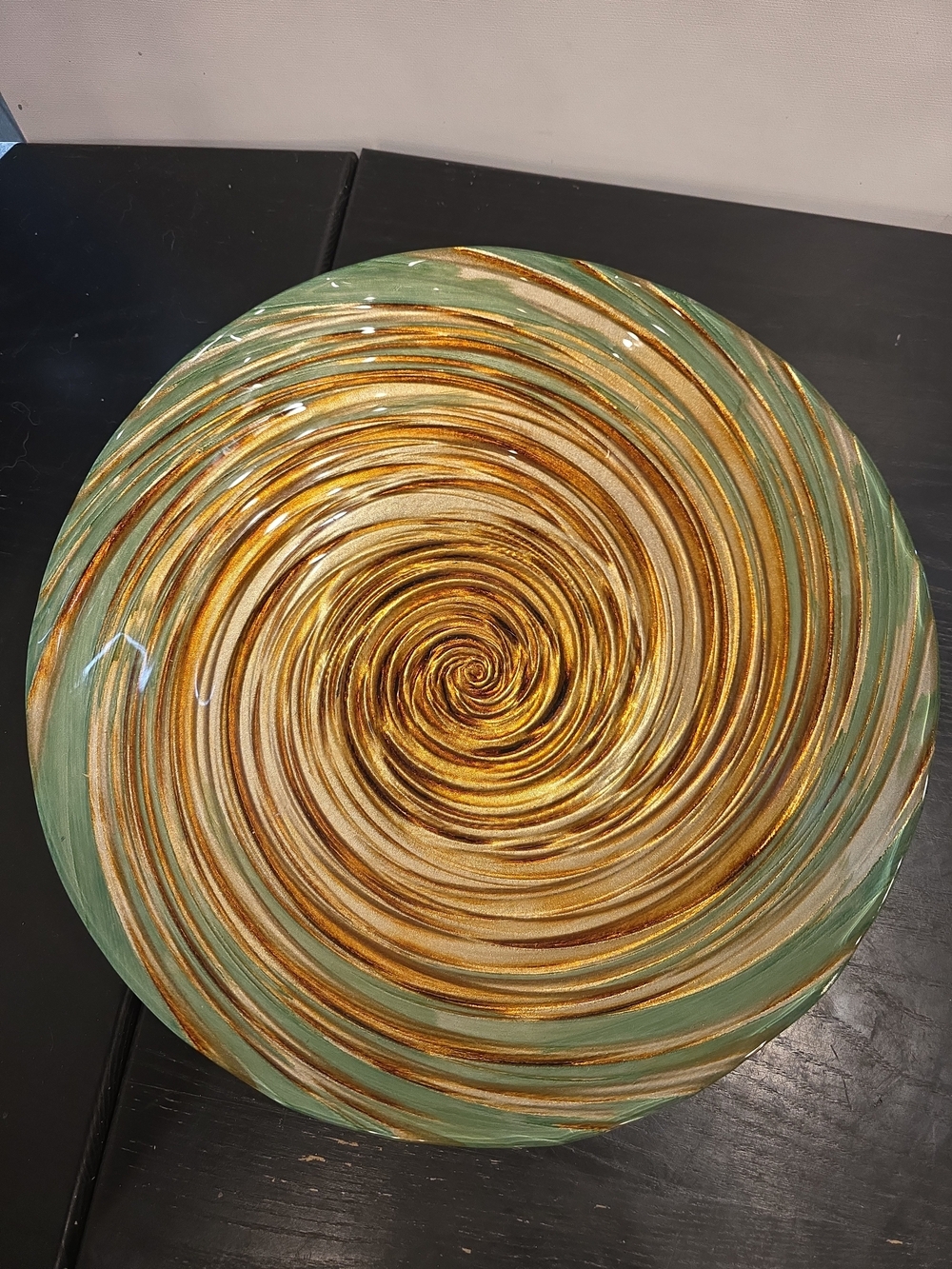 Hand-blown Vtg Glass Platter, Italian Murano Aventurine Glass, Metalic Swirl